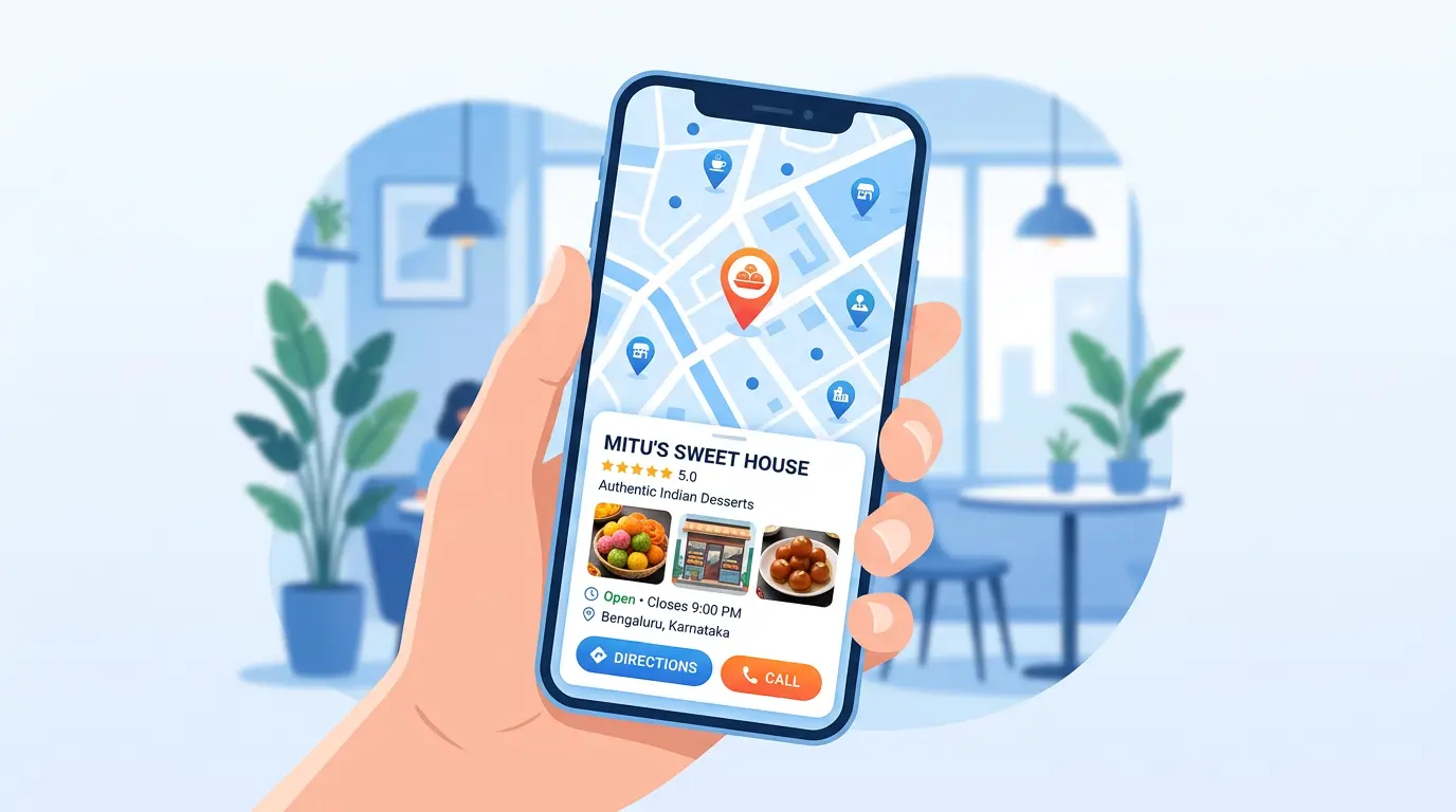 Optimised Google Business Profile listing for a local business shown on Google Maps on a mobile phone