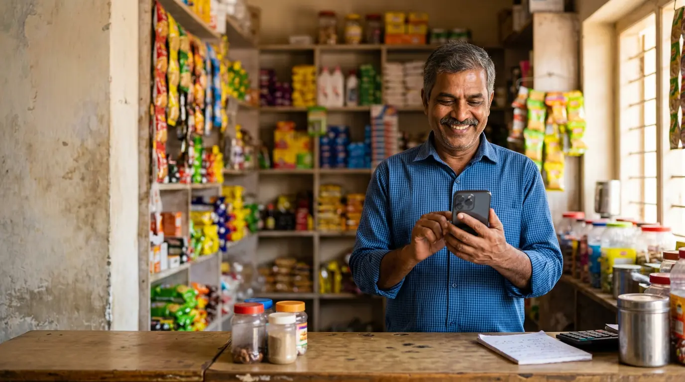 Indian small business owner checking online customer enquiries on a smartphone in their shop