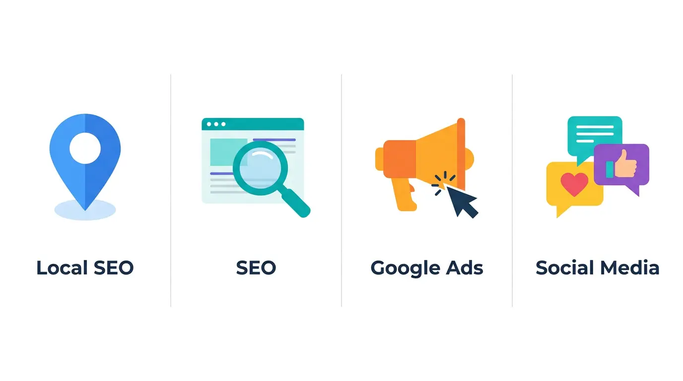 Comparison of SEO, Google Ads, social media marketing and local SEO for small businesses in India